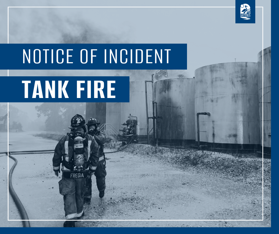 Notice of Incident Tank Fire graphic with firefighters on the scene