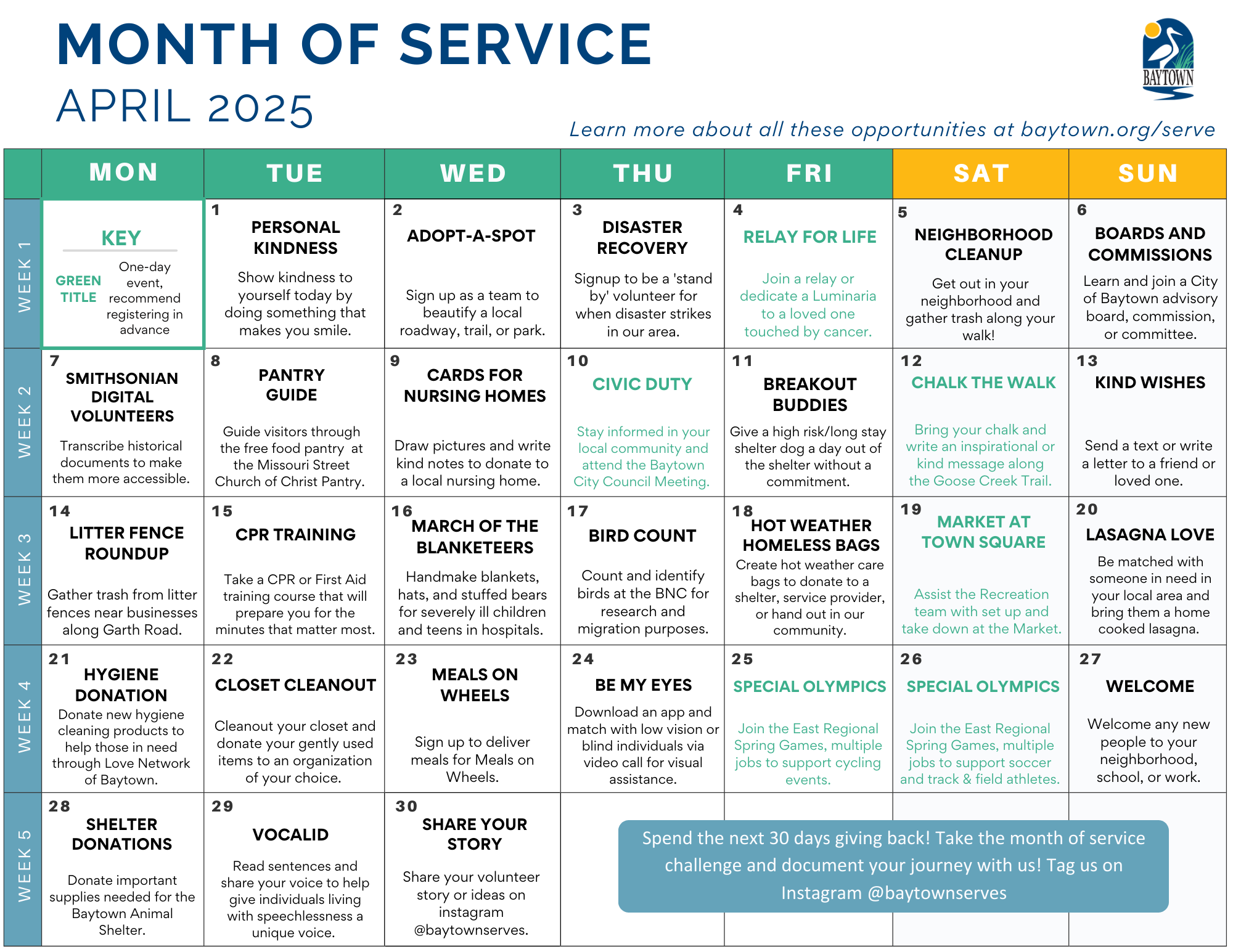 Month of Service Calendar 2025