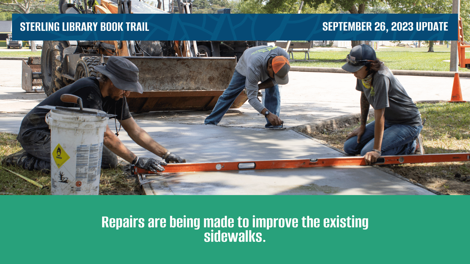 Three parks workers laying a sidewalk and smoothing the surface. 